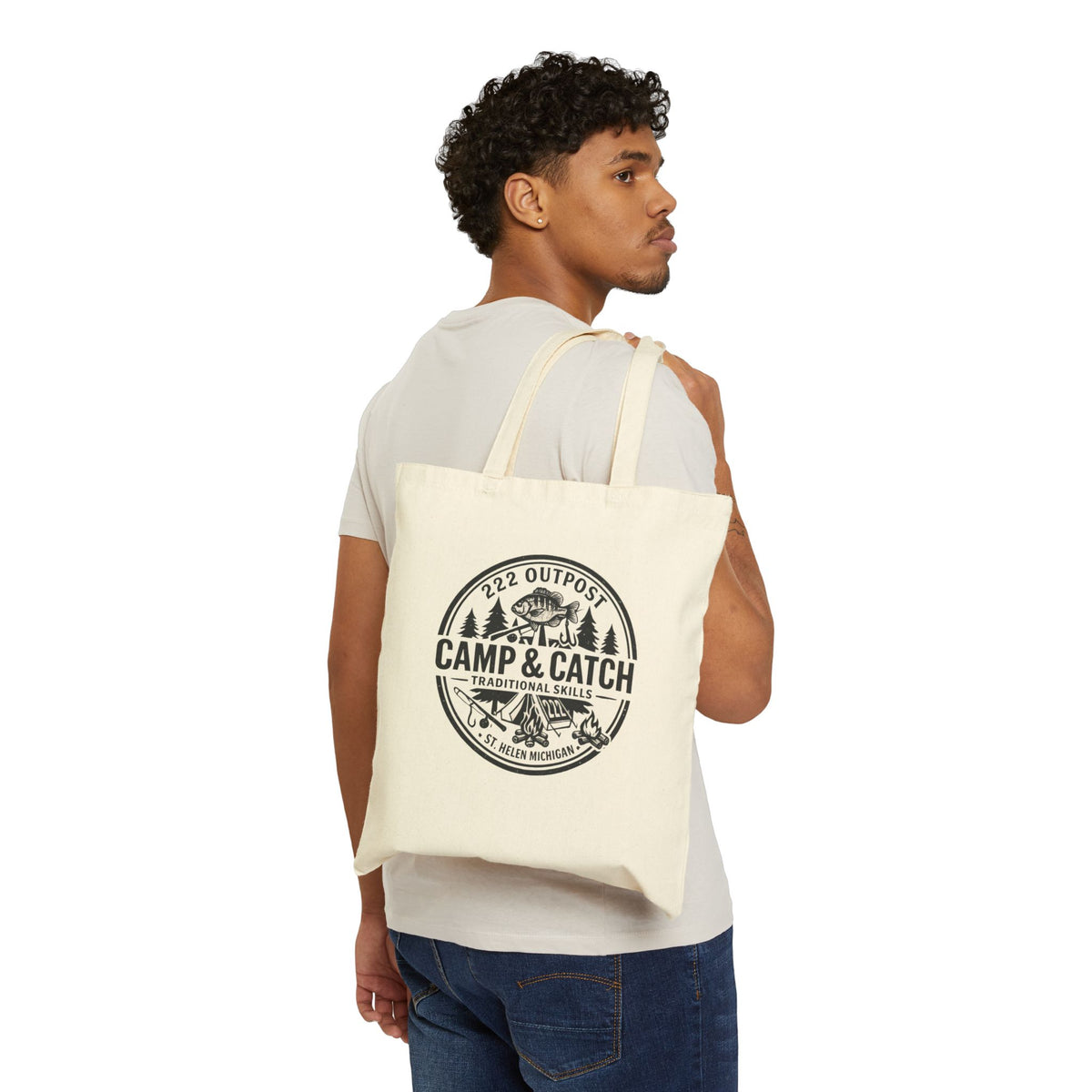 Camp & Catch Canvas Tote Bag — Outdoor Fishing Badge Eco Shopper