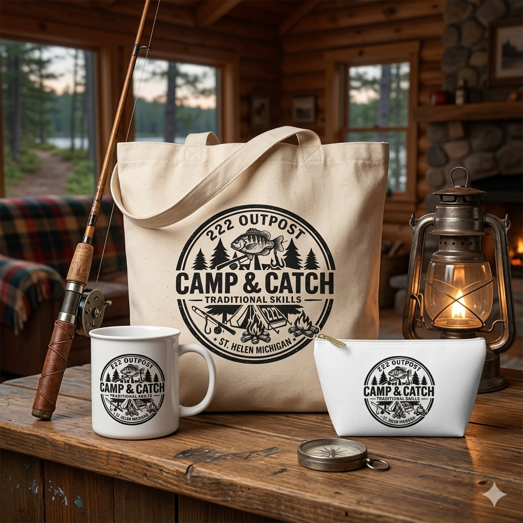 Camp & Catch Canvas Tote Bag — Outdoor Fishing Badge Eco Shopper