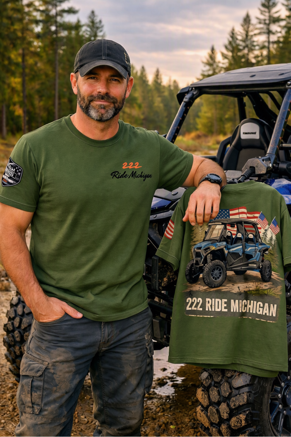 Military Green 'Ride Michigan' Tee with Flag Sleeve — 222 Motorcycle Club Shirt
